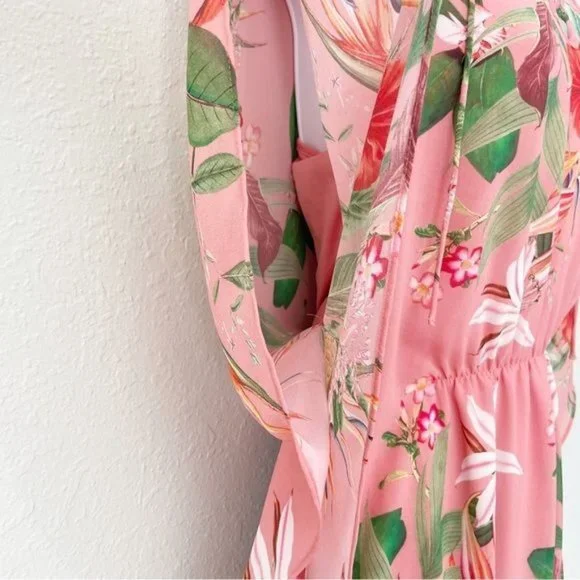 Express pink floral sheer chiffon cinched waist dress M - Picture 5 of 15